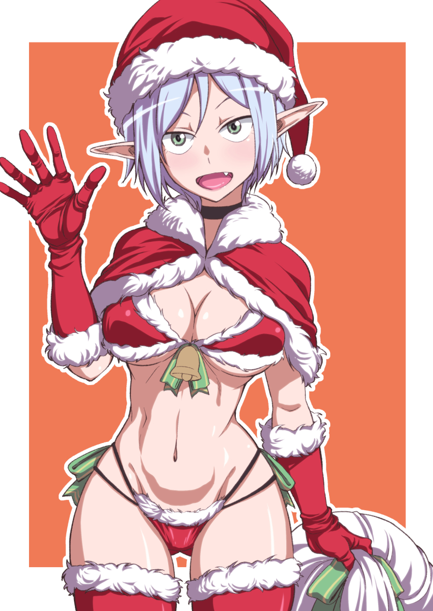 bell bikini black_choker capelet choker commentary elf fang fur-trimmed_bikini fur-trimmed_capelet fur-trimmed_gloves fur-trimmed_headwear fur-trimmed_thighhighs fur_trim gloves green_eyes hat highres holding holding_sack long_pointy_ears natsumi_chorisuke original pointy_ears red_bikini red_gloves red_thighhighs sack santa_bikini santa_costume santa_hat swimsuit thighhighs white_hair