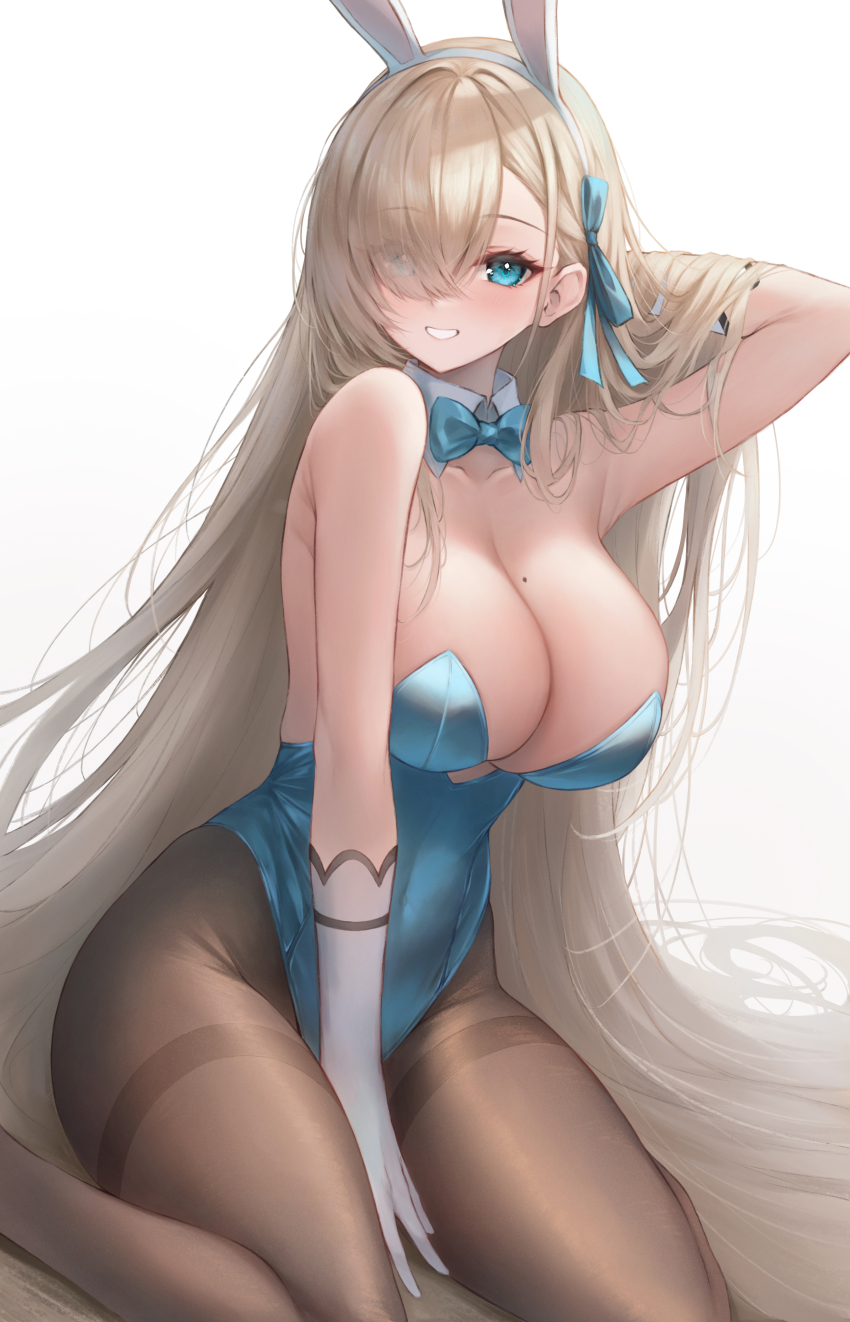 1girl absurdres animal_ears arm_behind_head arm_up asuna_(blue_archive) asuna_(bunny)_(blue_archive) bare_shoulders blue_archive blue_eyes blue_ribbon breasts brown_pantyhose cleavage detached_collar eyes_visible_through_hair fake_animal_ears fine_fabric_emphasis gloves grin hair_over_one_eye hair_ribbon hand_in_own_hair highleg highleg_leotard highres ijac_ray leotard light_brown_hair long_hair looking_at_viewer mole mole_on_breast pantyhose parted_lips playboy_bunny rabbit_ears ribbon simple_background smile solo strapless strapless_leotard teeth thighband_pantyhose very_long_hair white_background white_gloves