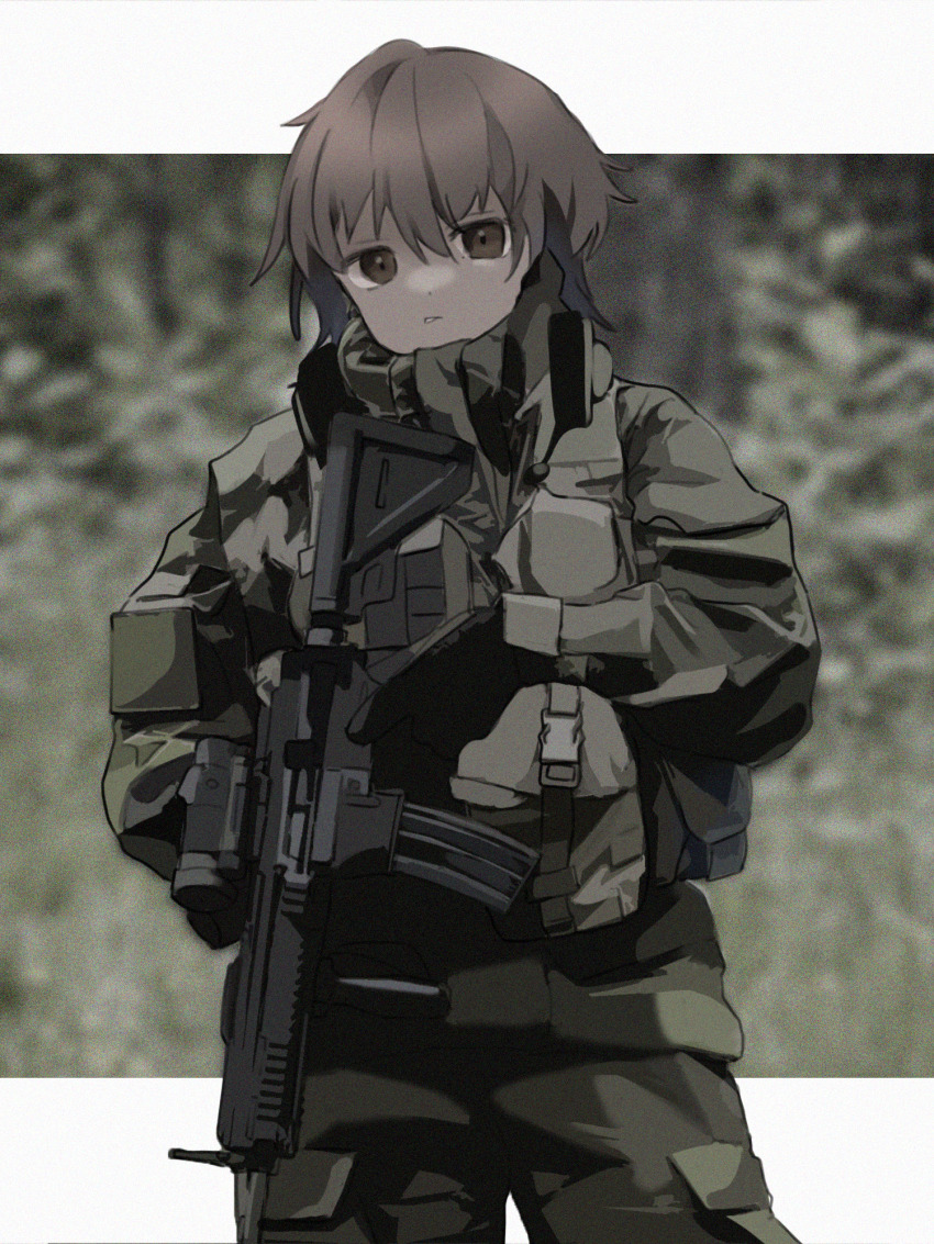 1girl annoyed assault_rifle black_gloves blurry blurry_background brown_eyes brown_hair cowboy_shot dmj_neco foregrip gloves green_jacket green_legwear gun headset_removed highres holding holding_gun holding_weapon jacket load_bearing_equipment looking_at_viewer m4_carbine original pocket pouch rifle short_hair solo tactical_clothes trigger_discipline weapon