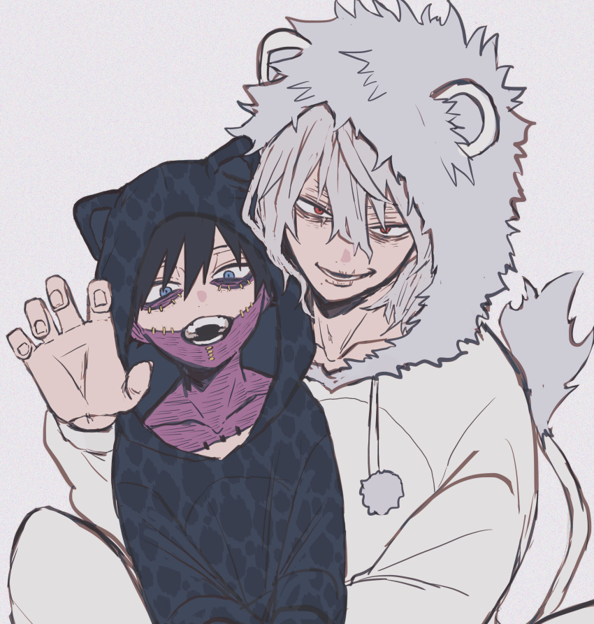 2boys absurdres ametaro_(ixxxzu) animal_ears animal_hood black_hair blue_eyes boku_no_hero_academia burn_scar cat_ears cheek_piercing claw_pose dabi_(boku_no_hero_academia) face_piercing grey_hair highres hood hooded_pajamas lion_ears lion_tail looking_at_viewer male_focus medium_hair multiple_boys multiple_scars open_mouth pajamas piercing red_eyes scar scar_on_face shigaraki_tomura short_hair simple_background spiked_hair staple stapled tail white_background wrinkled_skin