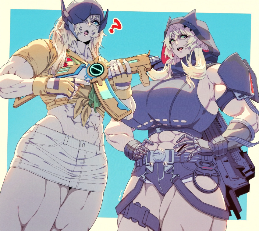 2girls ? abs absurdres arm_warmers assault_rifle bare_shoulders barghest_(fate) barghest_(fate)_(cosplay) barghest_(swimsuit_archer)_(fate) barghest_(swimsuit_archer)_(first_ascension)_(fate) belt black_belt black_cloak black_gloves black_shirt blonde_hair blue_eyes breasts broken_mask buckle cloak collarbone commentary commission cosplay costume_switch cowboy_shot cropped_shirt crossover english_commentary exposed_pocket fate/grand_order fate_(series) fingerless_gloves gloves goddess_of_victory:_nikke grave_(nikke) grave_(nikke)_(cosplay) green_eyes groin gun hair_between_eyes hands_on_own_hips highres holding holding_water_gun hood hood_up horns huge_breasts long_hair looking_at_another looking_at_viewer mask metal_gloves micro_shorts midriff multiple_girls multiple_scars muscular muscular_female navel open_mouth pencil_skirt rifle scar scar_on_stomach shirt short_sleeves shorts sidelocks signature simple_background single_arm_warmer skirt sleeveless sleeveless_shirt snap-fit_buckle standing teeth thick_thighs thigh_strap thighs tied_shirt ultragruntyy upper_teeth_only water_gun weapon weapon_on_back white_skirt yellow_gloves yellow_shirt