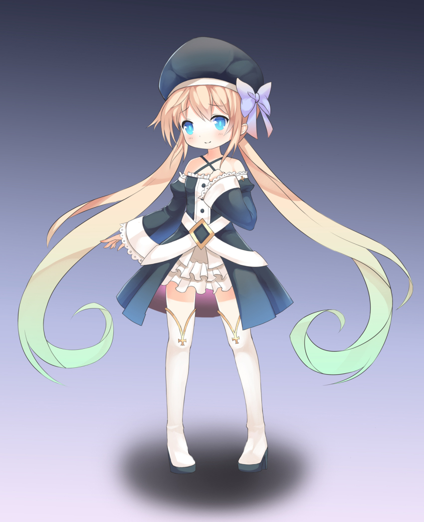 1girl aliter blonde_hair blue_eyes boots child dress female_focus hat highres long_hair original skirt smile solo thigh_boots thighhighs twintails very_long_hair