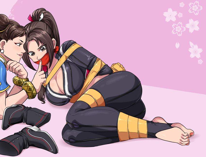 2girls absurdres ass bdsm bondage bound breasts brown_eyes brown_hair capcom chun-li cleavage fatal_fury female_focus gag gagged highres legs lost_one_zero multiple_girls shiranui_mai solo_focus street_fighter street_fighter_6 the_king_of_fighters thighs