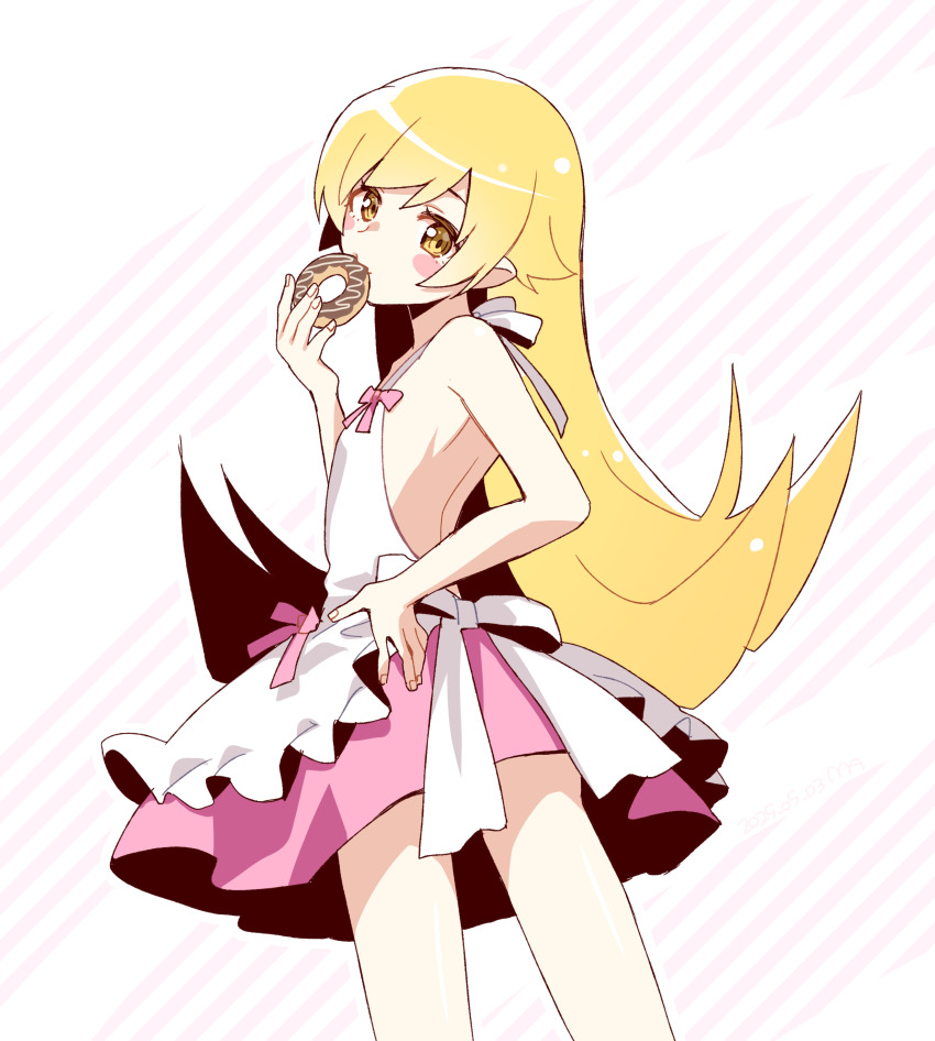 1girl absurdres back blonde_hair blush cowboy_shot donut dress eating flat_chest flipped_hair food hand_on_own_hip highres holding holding_donut holding_food long_hair looking_at_viewer manimani_(mani_ma) monogatari_(series) oshino_shinobu pointy_ears simple_background sleeveless sleeveless_dress solo white_background white_dress yellow_eyes