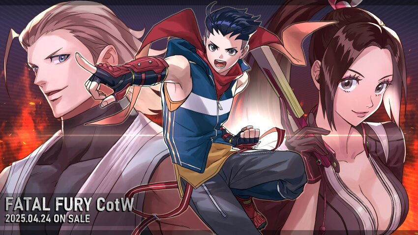 1girl 2boys andy_bogard bare_shoulders black_gloves black_jacket black_undershirt blonde_hair blue_eyes blue_hair breasts brown_eyes brown_hair cleavage closed_mouth commentary copyright_name fatal_fury fatal_fury:_city_of_the_wolves feet_out_of_frame fingerless_gloves gloves grey_pants hair_ornament hair_slicked_back hand_fan high_ponytail highres hokutomaru holding holding_fan jacket large_breasts lips long_hair looking_at_viewer multiple_boys ninja official_art open_mouth outstretched_arm pants parted_bangs parted_lips pink_lips pointing pointing_forward ponytail promotional_art red_scarf scarf shiranui_mai shirt short_hair sleeveless sleeveless_shirt smile snk the_king_of_fighters turtleneck turtleneck_shirt upper_body zipper