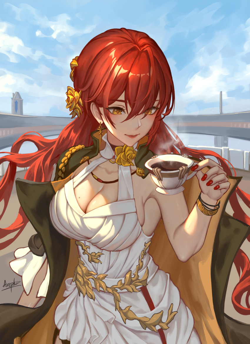 1girl arepko armpit_crease bare_shoulders black_coat bracelet breasts cleavage coat cowboy_shot cup dress earrings flower hair_between_eyes hair_flower hair_intakes hair_ornament highres himeko_(honkai:_star_rail) holding holding_cup honkai:_star_rail honkai_(series) jewelry large_breasts looking_at_cup mole mole_on_breast nail_polish o-ring_dress open_clothes open_coat outdoors red_hair red_lips red_nails sideboob signature smile solo tea teacup white_dress yellow_eyes