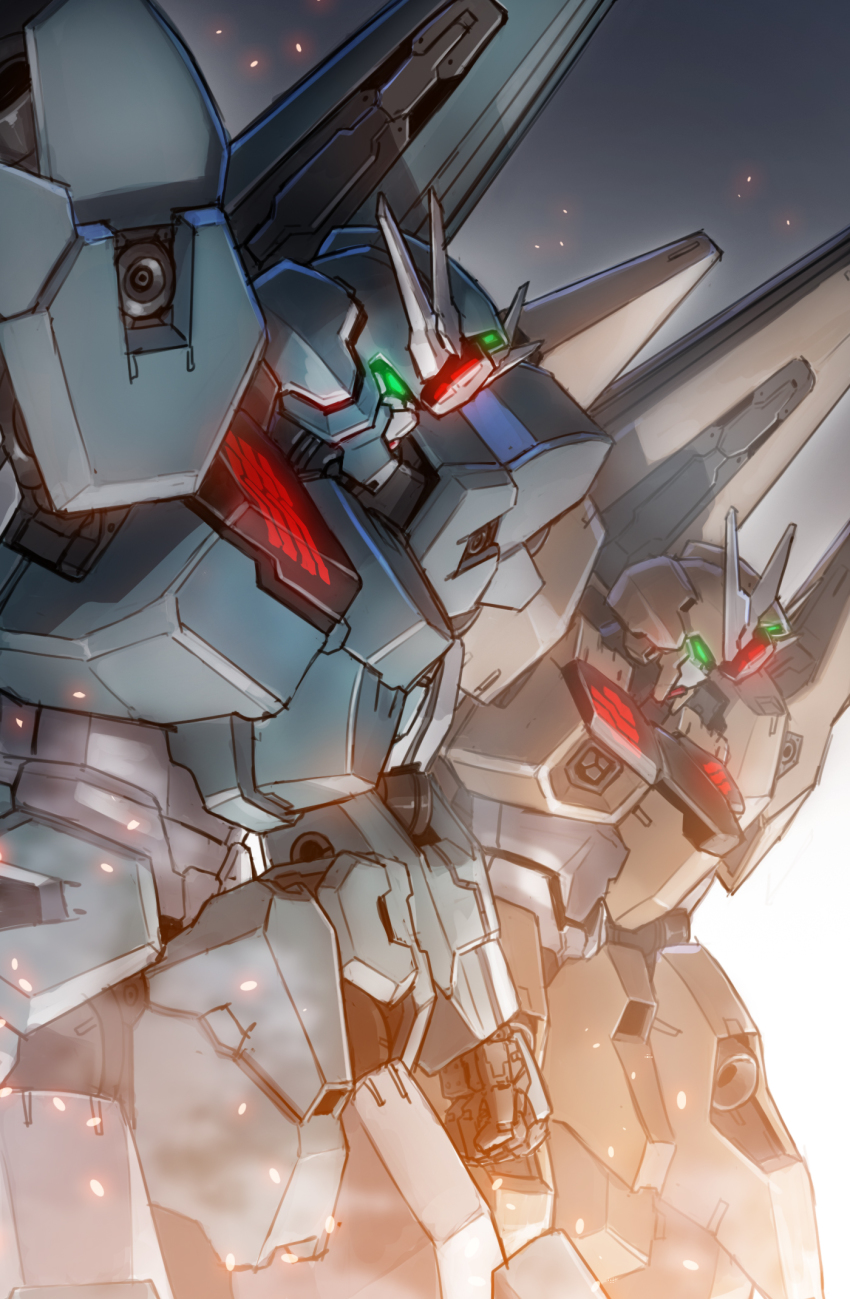 clenched_hand embers from_side glowing glowing_eyes green_eyes gundam gundam_lfrith_thorn gundam_lfrith_ur gundam_suisei_no_majo highres korean_commentary looking_down maxilax mecha no_humans robot science_fiction v-fin