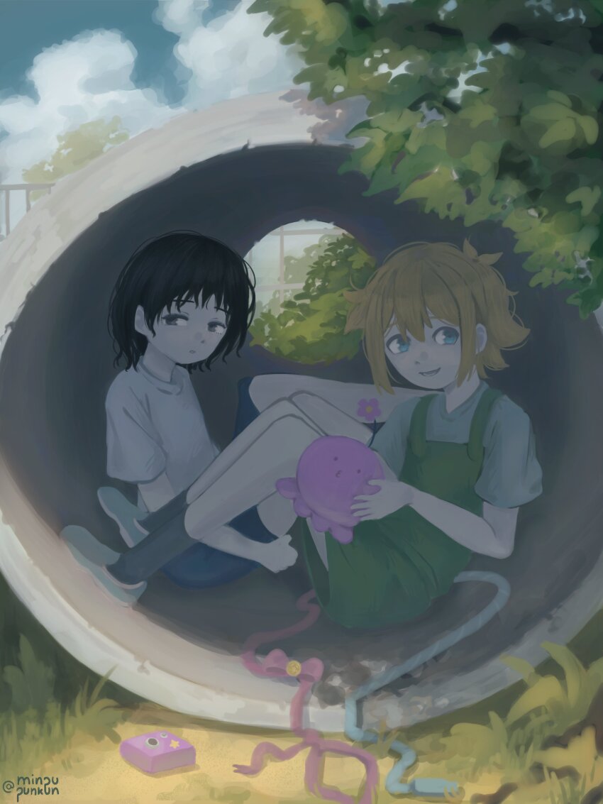 1boy 1girl absurdres alternate_costume antenna_hair basil_(faraway)_(omori) basil_(omori) black_eyes black_hair black_shorts black_socks blonde_hair blue_eyes blue_shoes blue_sky closed_mouth cloud crossover day double-parted_bangs green_overalls green_shirt highres indoors kuze_shizuka looking_at_viewer lower_teeth_only minpupunkun omori open_mouth outdoors overall_shorts overalls shirt shoes short_hair short_sleeves shorts sitting sky smile socks t-shirt takopii takopii_no_genzai teeth tongue tree white_shirt