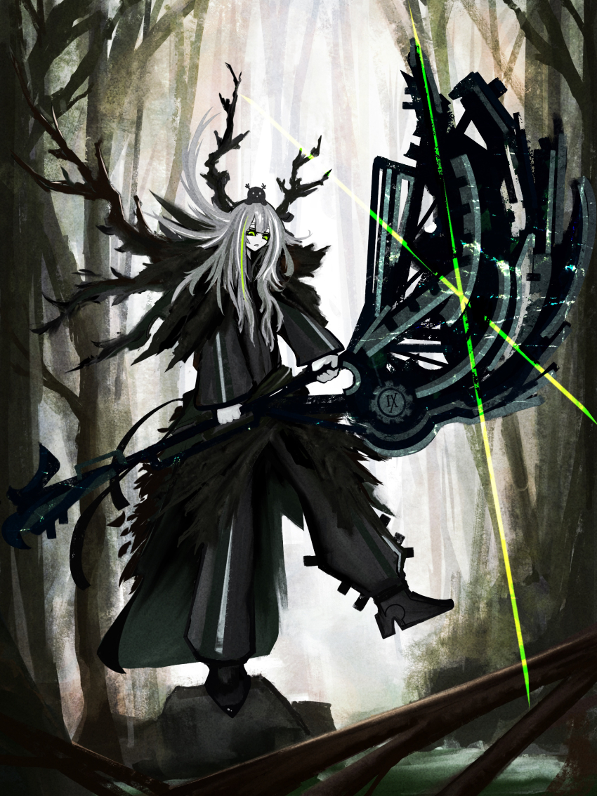 1girl absurdres animal animal_on_head forest glint grey_hair highres horns huge_weapon nature on_head original pants river riz_kira roman_numeral solo standing standing_on_one_leg weapon