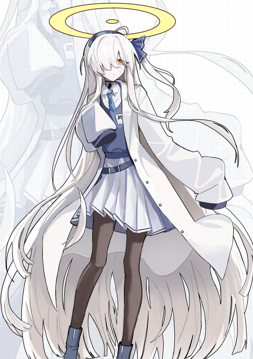 1girl absurdres ahoge belt black_pantyhose blue_archive blue_necktie blue_sweater coat collared_shirt commentary_request g1_(user_tjwy5444) grid_background halo highres long_hair looking_at_viewer malkuth_(blue_archive) necktie open_clothes open_coat pantyhose pleated_skirt shirt skirt sleeves_past_fingers sleeves_past_wrists solo sweater very_long_hair vest white_coat white_hair white_skirt yellow_eyes zoom_layer