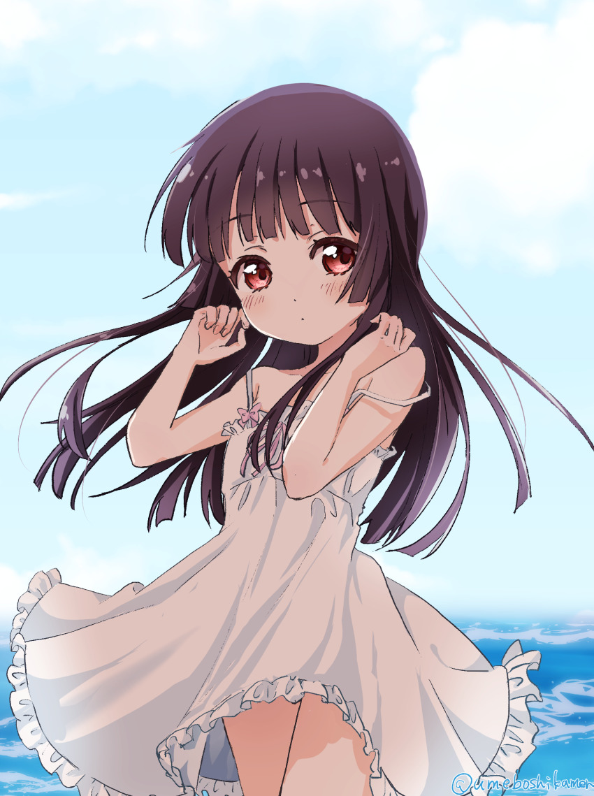 1girl bare_shoulders black_hair blush collarbone dress frilled_dress frills highres long_hair looking_at_viewer matsumoto_rise mearian ocean open_mouth outdoors red_eyes sky solo standing sundress white_dress yuru_yuri