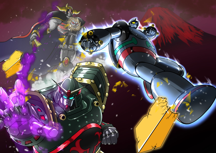 ankokuu_daishogun aqua_eyes armor armored_skirt black_eyes broken broken_sword broken_weapon cape clenched_hands cloud colored_sclera commentary_request commission crossover fangs g_gundam glowing glowing_eyes grin gundam highres holding holding_sword holding_weapon horns joints kicking kowloon_gundam looking_at_viewer mane mazinger_(series) mecha mecha_focus mobile_suit mountain no_humans no_pupils open_hand outdoors outline pixiv_commission pointy_nose red_eyes red_sclera rivets robot robot_joints science_fiction shards shin_mazinger_shougeki!_z-hen shining_finger shoulder_armor sky smile super_robot sword teeth tetsujin_28 tetsujin_28-gou thrusters v-fin weapon yellow_sclera yuuki_(gatama)
