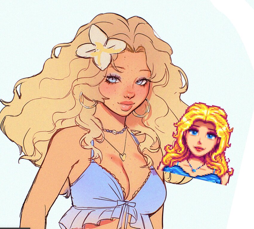 1girl alternate_costume alternate_hairstyle blue_bra blue_eyes blue_eyeshadow body_freckles bra breast_freckles breasts cleavage closed_mouth commentary curly_hair earrings english_commentary eyelashes eyeshadow film_grain flower forehead freckles frilled_bra frills hair_flower hair_ornament hair_over_shoulder haley_(stardew_valley) heart heart_necklace highres hoop_earrings jewelry lace lace-trimmed_bra lace_trim long_hair looking_to_the_side makeup medium_breasts mole mole_on_breast mole_on_cheek mole_on_forehead necklace noisykoala parted_bangs redesign reference_inset shell shell_necklace sketch stardew_valley tan thick_lips underwear upper_body white_background white_flower