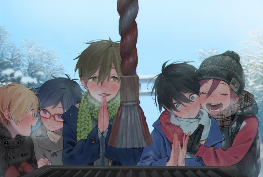 10s 5boys :d aged_down arms_around_neck backlighting black_coat black_gloves black_hair black_hat black_vest blonde_hair blue_coat blue_eyes blue_hair blue_scarf blue_sky blue_sweater blush breath brown_hair brown_scarf buttons child closed_eyes closed_mouth coat cold commentary_request couple day double-breasted eye_contact free! frown glasses gloves green_eyes green_scarf grey_coat hair_between_eyes half-closed_eyes hana_(dqkmb362) hands_up happy hat hazuki_nagisa highres long_sleeves looking_at_another looking_to_the_side male_focus matsuoka_rin mittens multiple_boys nanase_haruka_(free!) nature nose_blush open_clothes open_coat open_mouth open_vest outdoors own_hands_together parted_bangs plaid_clothes plaid_scarf praying purple_eyes raised_eyebrows red-framed_eyewear red_eyes red_hair red_mittens ryuugazaki_rei scarf sharp_teeth shrine sky smile snow surprised surprised_arms sweater tachibana_makoto tag teeth tree turtleneck turtleneck_sweater vest wide-eyed winter winter_clothes winter_coat yaoi