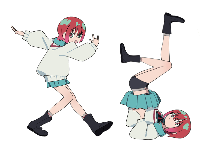 1girl \m/ adon_(dufaladanidu) amate_yuzuriha aqua_shirt aqua_skirt bike_shorts_under_skirt black_boots black_shorts boots commentary full_body gundam gundam_gquuuuuux highres looking_at_viewer multiple_views red_hair school_uniform shirt short_hair shorts simple_background skirt sweater symbol-only_commentary upside-down white_background white_sweater