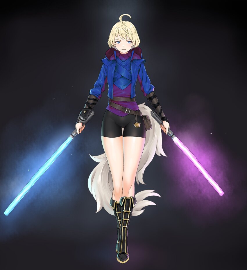 1girl ahoge belt bike_shorts black_background black_boots black_shorts blonde_hair blue_eyes blue_lightsaber boots commission energy_sword fake_tail fire_emblem fire_emblem_engage glowing glowing_weapon gluteal_fold highres holding holding_sword holding_weapon hood hood_down hooded_jacket igni_tion jacket lightsaber long_sleeves looking_at_viewer merrin_(fire_emblem) nintendo purple_lightsaber purple_shirt shirt short_hair shorts smile solo star_wars sword tail weapon wolf_tail
