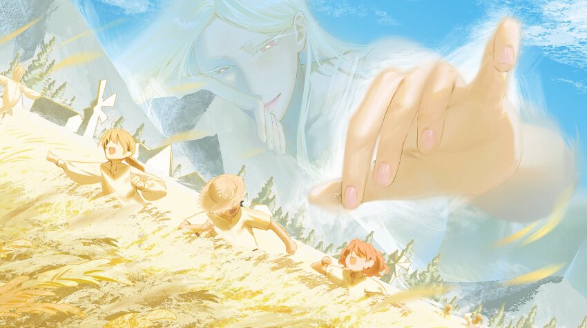 1girl 3others at_field blue_sky blurry blurry_foreground child commentary_request dutch_angle flower forest giant giant_hand giantess hat highres holding holding_flower long_hair looking_at_another looking_down looking_to_the_side mountainous_horizon multiple_others nature no_eyes open_mouth original pink_nails red_eyes running shirt sky straw_hat thai_commentary unholymilk upper_body wheat_field white_shirt