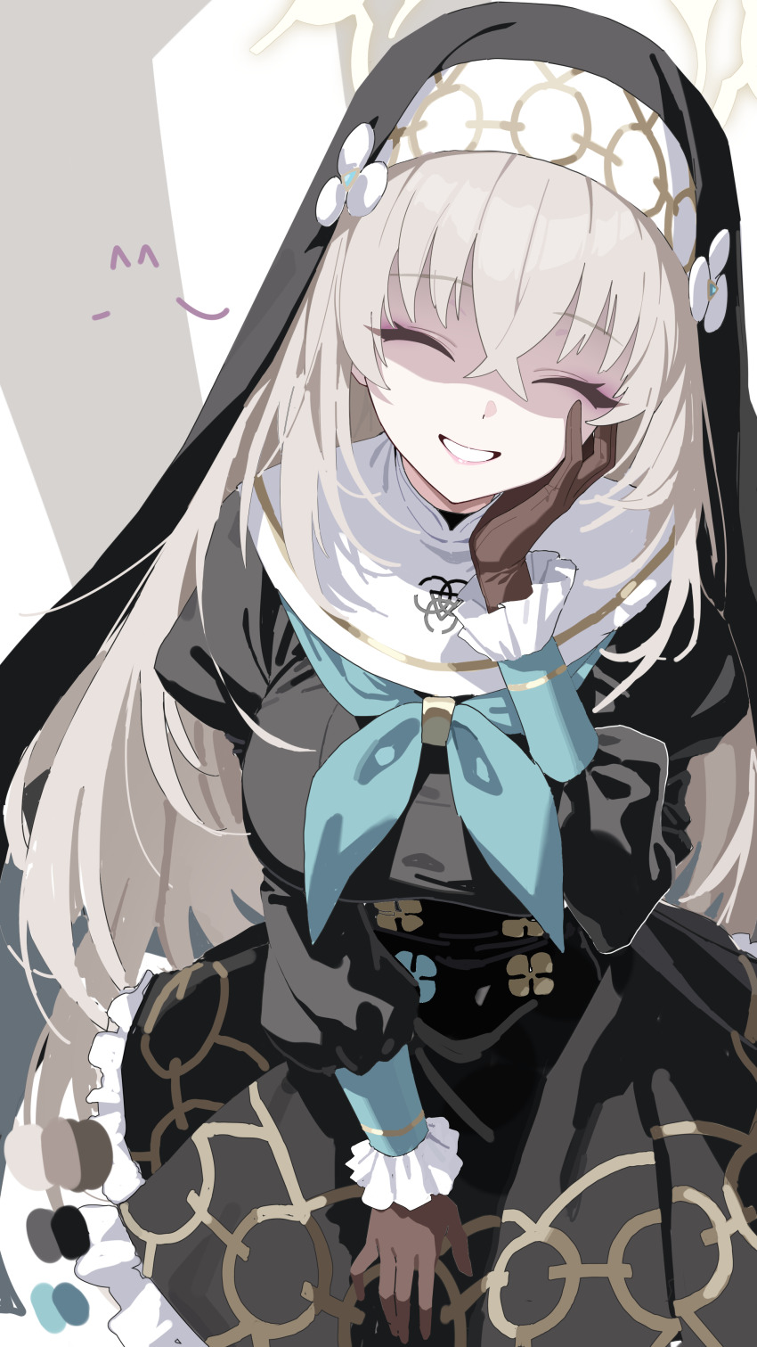 1girl absurdres blue_archive brown_gloves brown_hair closed_eyes gloves green_neckerchief hair_between_eyes halo hand_on_own_chin highres lamser long_hair neckerchief nun sakurako_(blue_archive) school_uniform smile solo yellow_halo
