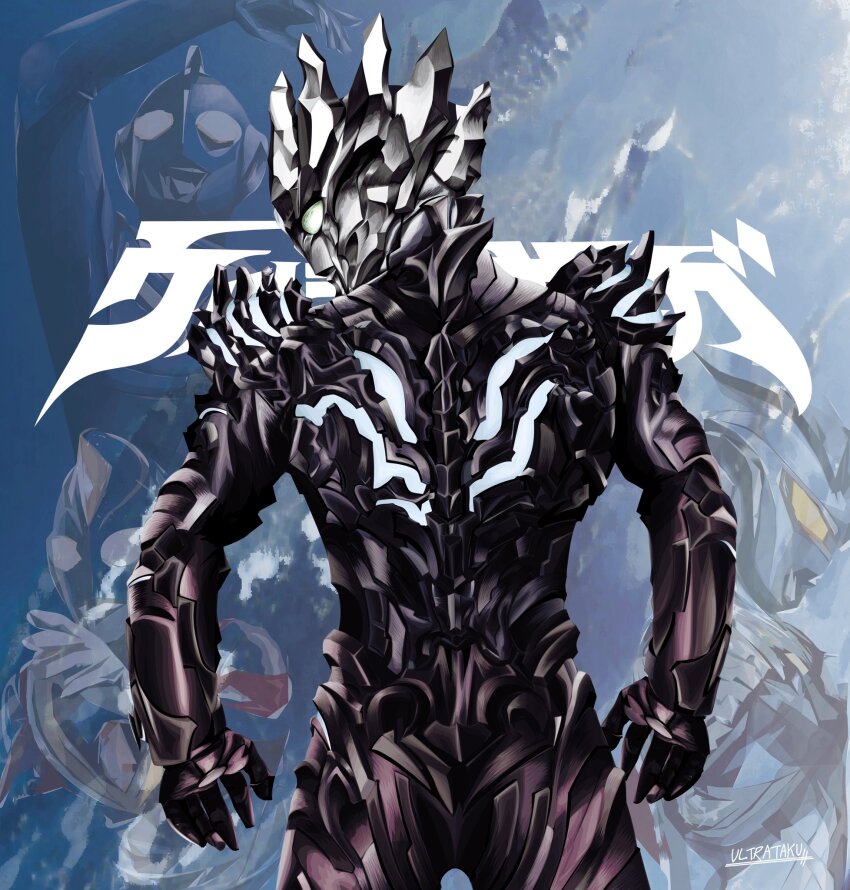 1boy alien armor armored_bodysuit artist_name blue_armor blue_background bodysuit character_name commentary cowboy_shot from_behind full_armor glowing glowing_eyes gradient_background gradient_bodysuit green_eyes head_crest highres looking_back male_focus multicolored_bodysuit navy_blue_armor purple_armor signature solo solo_focus tokusatsu ultra_galaxy_(series) ultra_series ultraman_cosmos ultraman_dyna ultraman_saga ultraman_saga_(movie) ultraman_zero ultrataku yellow_eyes