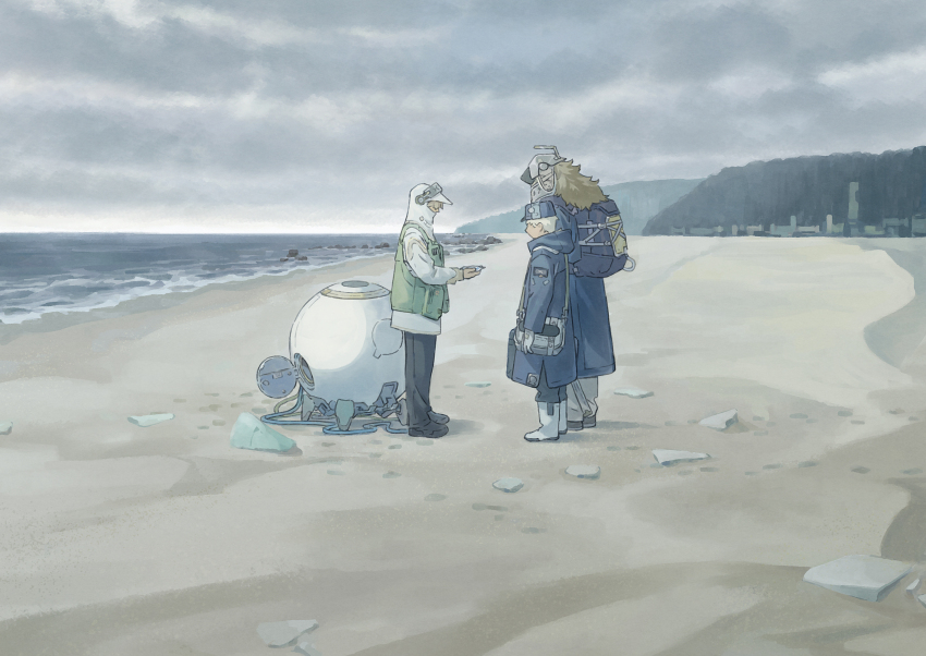 3boys backpack bag beach black_pants black_shoes blue_bag blue_coat blue_hat boots chenrong96 cloud coat fake_halo gloves green_vest grey_bag grey_boots grey_gloves grey_sky halo hat helmet highres hood hood_down hooded_coat long_sleeves male_focus multiple_boys ocean original outdoors pants shoes sky standing vest water
