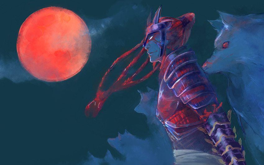 1boy armor colored_skin dreadlocks fuuma_kotarou grey_skin long_hair male_focus moon night ponytail red_hair red_moon sengoku_musou wolf