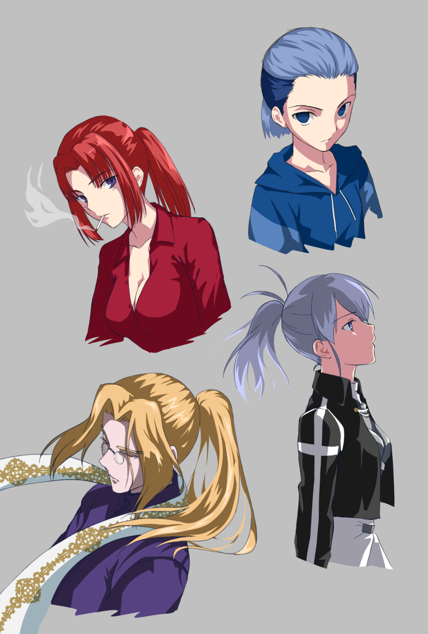 1boy 3girls blonde_hair blue_eyes blue_hair breasts character_request ciel_(tsukihime) cigarette cleavage cropped_torso dress_shirt from_side grey_background highres hood hoodie kagetsu_tooya long_hair looking_at_viewer michael_roa_valdamjong michael_roa_valdamjong_(human) multiple_girls oceanbellereine ponytail riesbyfe_stridberg shirt short_hair short_ponytail smoking tsukihime tsukihime_souka