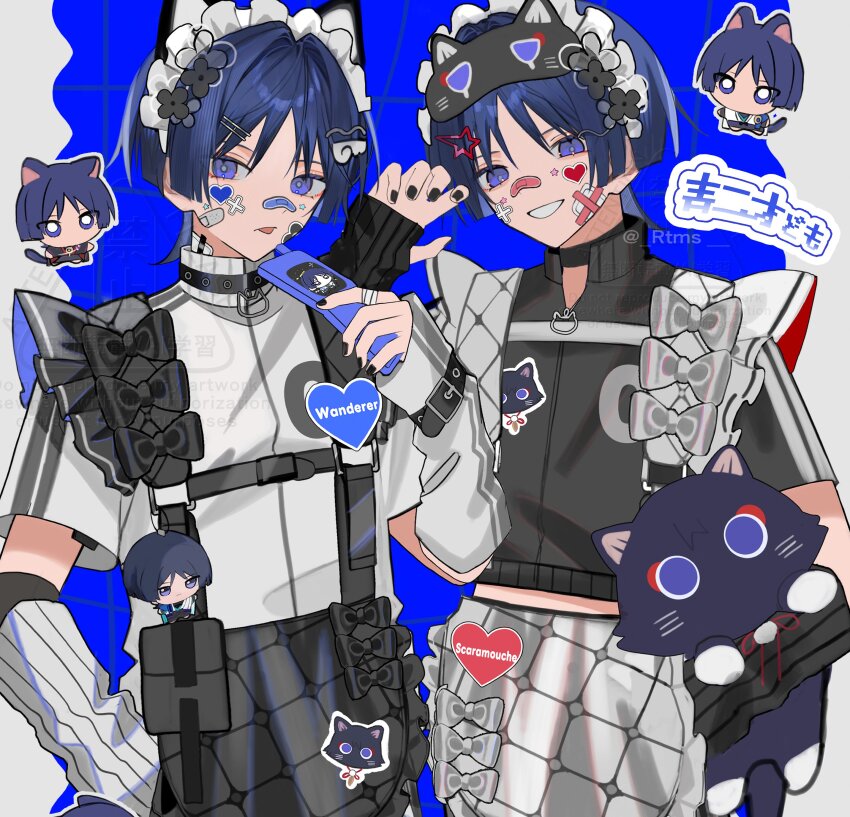 2boys absurdres alternate_costume animalization apron arm_at_side arm_warmers bandage_on_finger bandaid bandaid_on_face bandaid_on_nose black_apron black_arm_warmers black_choker black_jacket black_mask black_nails black_sleeves blue_hair blunt_ends bow cat_mask cellphone character_doll character_name chibi choker cropped_jacket doll dual_persona eye_mask eyelashes eyeliner eyeshadow flip_phone flower frilled_apron frilled_hairband frills full-length_zipper gauze gauze_on_cheek genshin_impact hair_flower hair_ornament hairband hand_up heart_sticker highres holding holding_phone holding_stuffed_toy jacket looking_at_viewer lower_eyelashes_only makeup mask mask_on_head midriff_peek multiple_boys name_tag open_mouth partially_unzipped paw_pose person_and_animalization phone pom_pom_(clothes) purple_eyes red_eyeliner red_eyeshadow rtms scaramouche_(cat)_(genshin_impact) scaramouche_(genshin_impact) short_sleeves sleeve_belt smile star_sticker string stuffed_animal stuffed_toy tongue tongue_out too_many_bows twitter_username waist_apron wanderer_(genshin_impact) watermark white_apron white_arm_warmers white_bow white_hairband white_jacket white_mouth white_sleeves wispy_bangs zipper