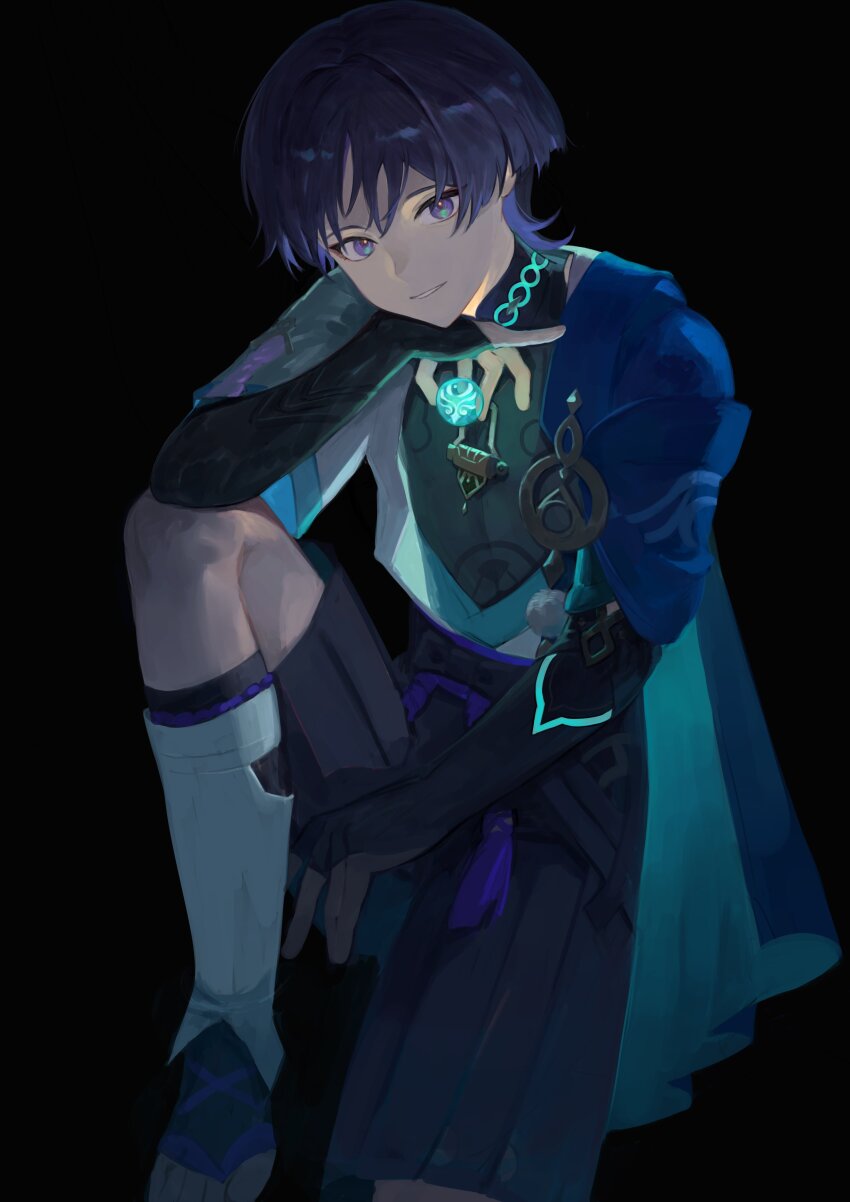 1boy absurdres aqua_sleeves black_background black_bodysuit black_bow black_hair black_shorts black_socks blue_cape blunt_ends bodysuit bow bridal_gauntlets cape clothing_cutout elbow_on_knee genshin_impact glowing glowing_markings glowing_tattoo gold hair_intakes hakama hakama_shorts hand_on_own_chin highres japanese_clothes kimono knee_up layered_sleeves looking_at_viewer male_focus mandarin_collar multicolored_hair open_clothes open_kimono parted_bangs parted_lips pom_pom_(clothes) purple_eyes purple_hair purple_rope rope sandals scaramouche_(genshin_impact) short_sleeves shorts shoulder_peek smile socks solo streaked_hair tassel thigh_cutout toes vision_(genshin_impact) wanderer_(genshin_impact) white_kimono white_sleeves white_trim yomotobi