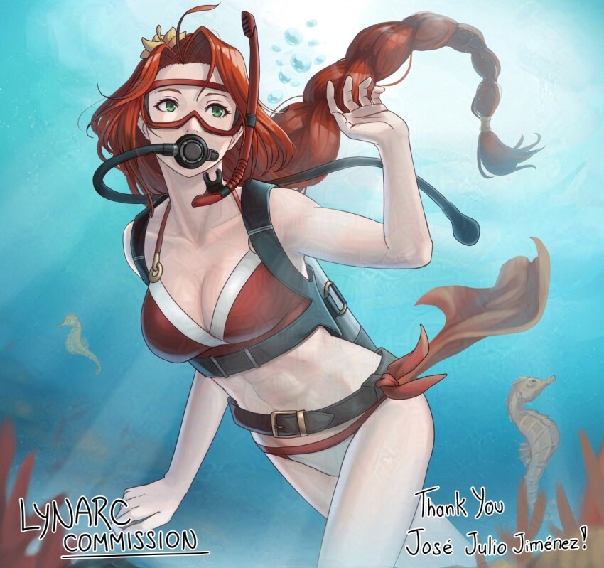 1girl abs adversarial_noise arm_up belt bikini breasts cleavage commission fire_emblem fire_emblem:_path_of_radiance fire_emblem:_radiant_dawn green_eyes highres long_hair lynarc medium_breasts nintendo red_bikini red_hair scuba_gear side-tie_bikini_bottom snorkel swimming swimsuit titania_(fire_emblem) underwater