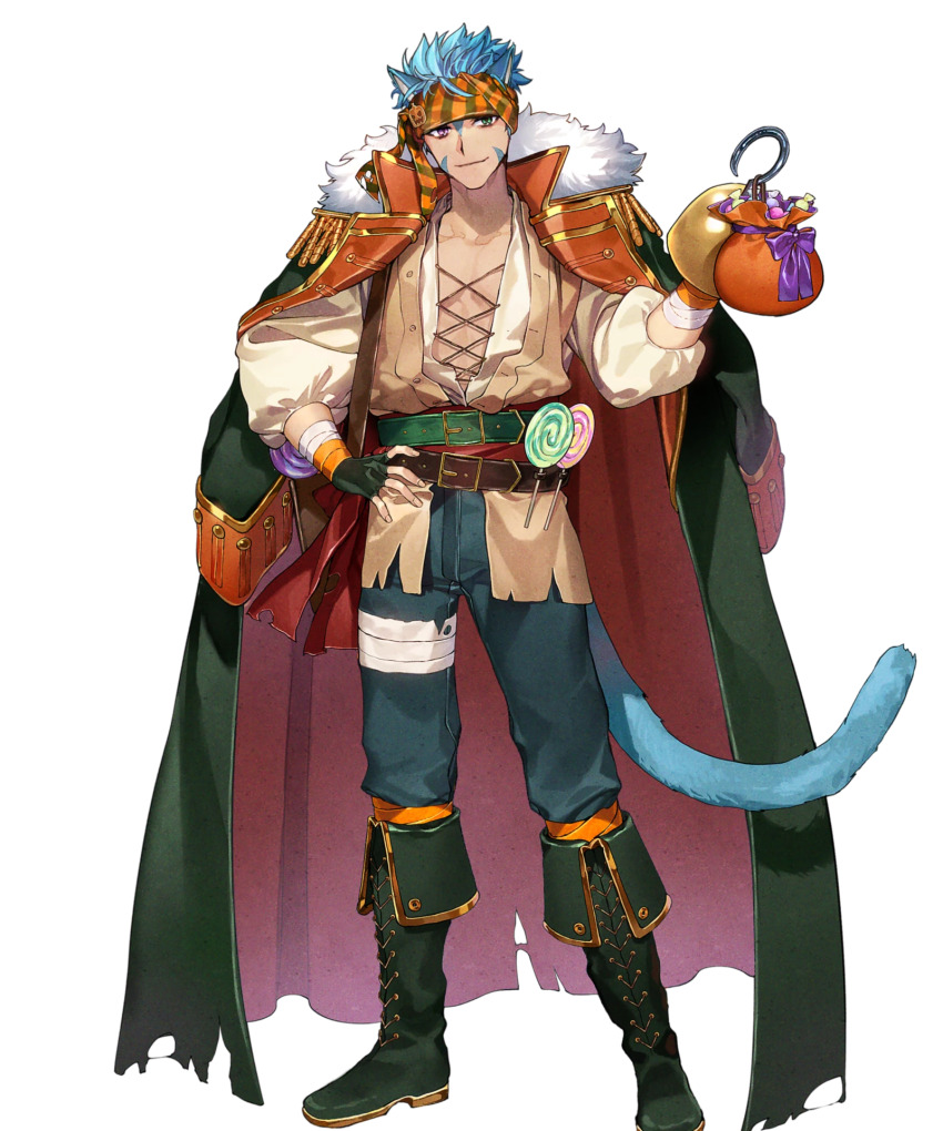 1boy animal_ears bandages belt blue_hair boots candy cat_boy cat_ears cat_tail coat facial_mark fire_emblem fire_emblem:_path_of_radiance fire_emblem:_radiant_dawn fire_emblem_heroes food fur-trimmed_coat fur_trim green_eyes hand_on_own_hip headband highres hook hook_hand looking_at_viewer nintendo non-web_source official_art open_clothes open_shirt pirate ranulf_(considerate_gaze)_(fire_emblem) ranulf_(fire_emblem) ranulf_(halloween)_(fire_emblem) smile solo tachi-e tail transparent_background
