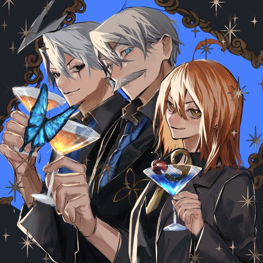 1girl 2boys ahoge bartender black_eyes black_vest blue_eyes blue_necktie bug butterfly cherry cocktail cocktail_glass collared_shirt cup drinking_glass eyeshadow facial_hair fate/grand_order fate_(series) food fruit fujimaru_ritsuka_(female) grey_hair grey_shirt hair_between_eyes highres holding insect james_moriarty_(archer)_(fate) james_moriarty_(gray_collar)_(fate) james_moriarty_(ruler)_(fate) looking_at_viewer makeup mature_male multiple_boys mustache necktie official_alternate_costume old old_man orange_hair ou_syoku7 purple_eyeshadow shirt short_hair smile sparkle textless_version upper_body vest yellow_eyes yellow_necktie