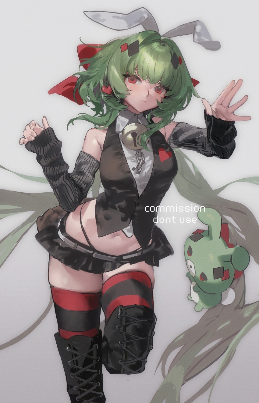 1girl absurdres animal_ears bell black_skirt black_vest boots bow breasts closed_mouth detached_sleeves diurtion green_hair grey_background hair_ornament heart highleg highres lock long_hair looking_at_viewer microskirt midriff miniskirt navel neck_bell original pleated_skirt red_eyes shirt simple_background skirt sleeveless sleeves_past_wrists solo striped_clothes striped_thighhighs thighhighs very_long_hair vest white_shirt