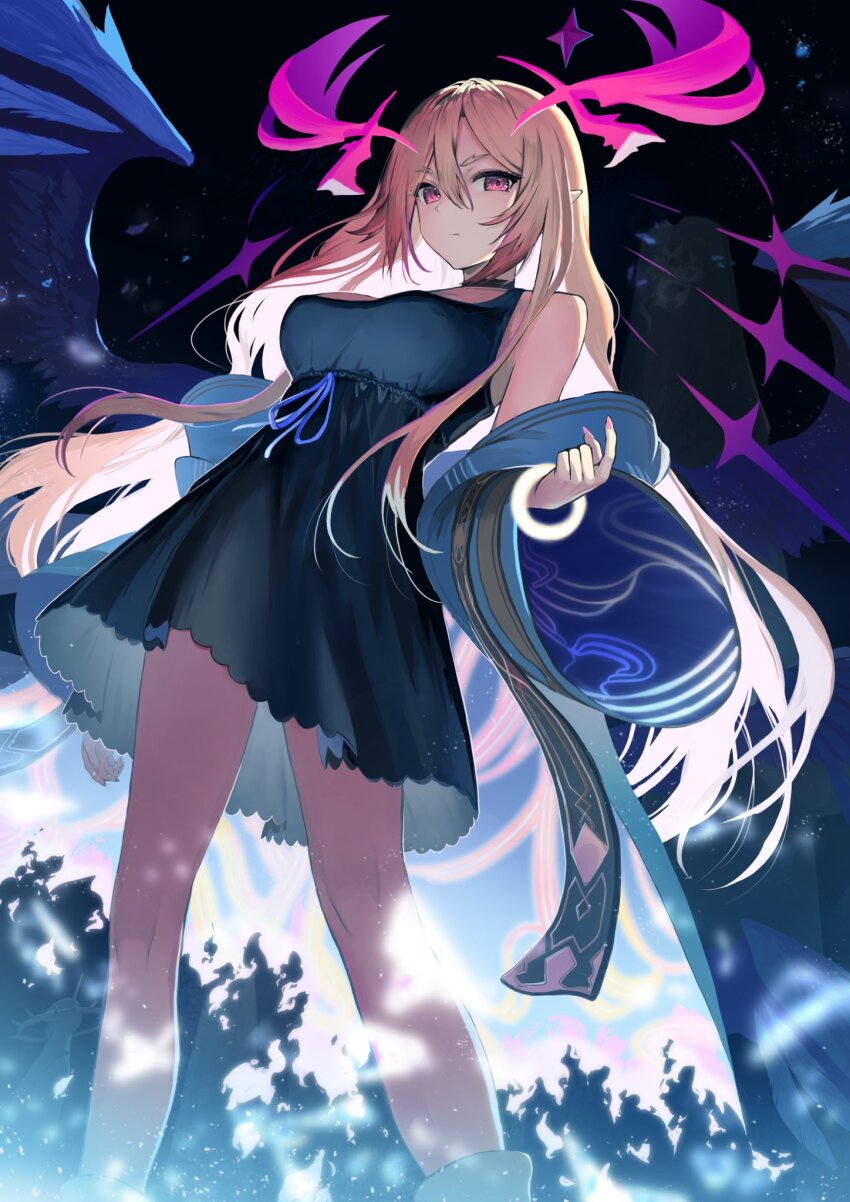 1girl angel_wings bare_legs black_dress black_wings blonde_hair blue_bow blue_kimono bow breasts closed_mouth collar dress glowing glowing_clothes glowing_lines hair_between_eyes hair_flowing_over hair_over_shoulder halo hand_up highres jacket japanese_clothes jewelry kimono large_breasts long_hair long_sleeves looking_at_viewer lucifer_(monster_strike) monster_strike multiple_wings nail_polish night night_sky off_shoulder official_alternate_costume open_clothes open_jacket pi_(p77777778) prism purple_eyes purple_halo purple_wings ribbon ring seraph sky solo standing star_(sky) starry_sky wavy_hair wings