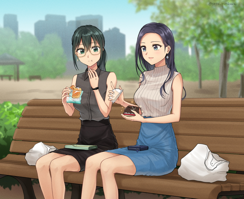 2girls :t bag bench black_hair black_shirt black_skirt blue_hair blue_skirt blue_sky bread collared_shirt commission day eating food forehead glasses green_eyes green_hair highres holding holding_food long_hair multiple_girls office_lady on_bench original outdoors park pencil_skirt pixiv_commission plastic_bag ribbed_shirt setu_kurokawa shirt sitting skirt sky sleeveless sleeveless_shirt tree turtleneck turtleneck_shirt clutch_purse