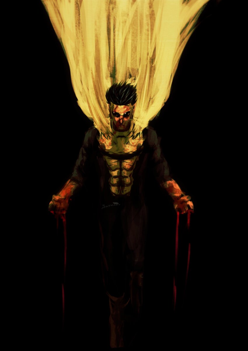 1boy absurdres black_background black_bodysuit black_hair blood blood_drip blood_on_clothes blood_on_face blood_on_hands bodysuit cape commentary crain1art expressionless highres invincible_(series) male_focus mark_grayson short_hair sinister_mark solo superhero_costume yellow_bodysuit yellow_cape