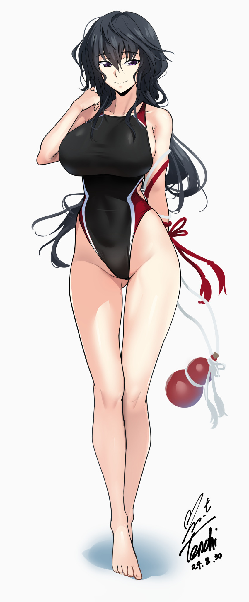 1girl 2024 absurdres arm_behind_back backboob bare_legs bare_shoulders barefoot black_hair black_one-piece_swimsuit breasts closed_mouth collarbone commentary_request competition_swimsuit curvy dated full_body gluteal_fold gourd groin hand_up highleg highleg_one-piece_swimsuit highres holding holding_gourd large_breasts legs_together long_hair looking_at_viewer low_ponytail maji_de_watashi_ni_koi_shinasai! musashibou_benkei one-piece_swimsuit ponytail purple_eyes sidelocks signature simple_background smile solo standing swimsuit thighs toes tsurime two-tone_swimsuit very_long_hair wavy_hair white_background yoo_tenchi