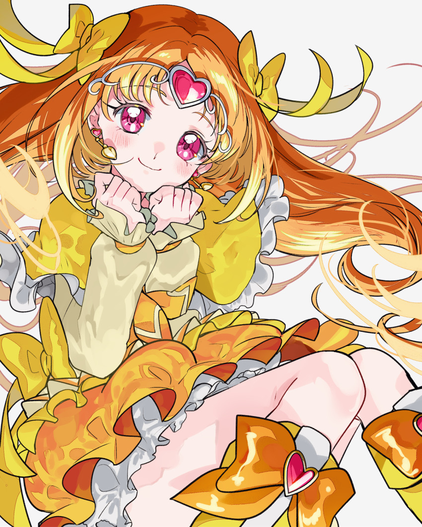 1girl asako_(itiba) blush boots bow capelet closed_mouth commentary_request cure_muse_(yellow) earrings hair_bow highres jewelry long_hair long_sleeves magical_girl neckerchief orange_hair orange_neckerchief orange_shorts pink_eyes precure puffy_shorts shirabe_ako shirt shorts smile solo suite_precure tiara white_background yellow_boots yellow_bow yellow_capelet yellow_shirt