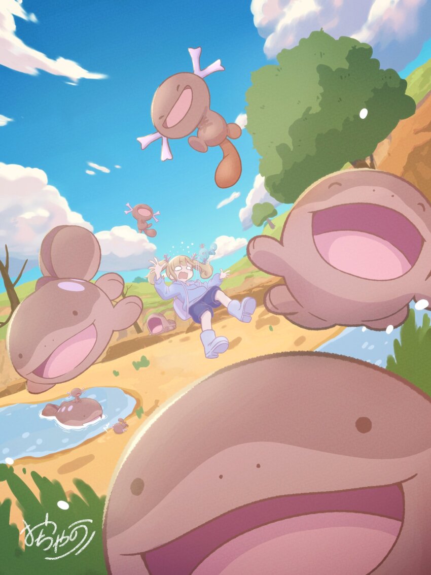 1girl :d backpack bag bare_tree blonde_hair blue_hoodie boots clodsire cloud commentary_request creatures_(company) day evolutionary_line falling game_freak gen_2_pokemon grey_footwear hair_ornament highres hood hoodie long_sleeves motion_lines nintendo o_o official_art open_mouth outdoors paldean_wooper pokemon pokemon_(creature) sand shorts signature sky smile spread_fingers tongue tree twintails water wooper