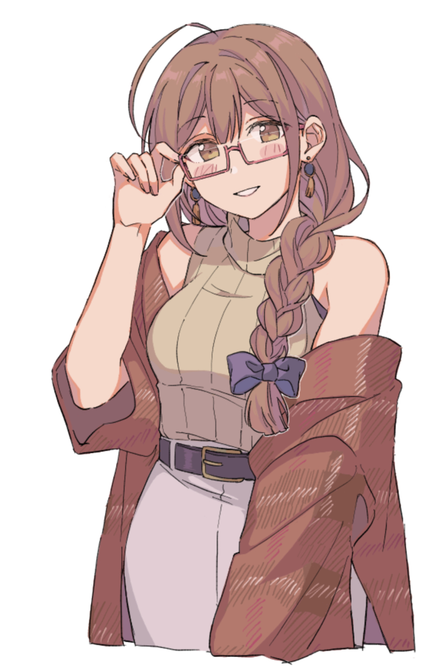 1girl adjusting_eyewear ahoge aliasing bare_shoulders belt belt_buckle black_belt blush bow braid breasts brown_eyes brown_hair buckle coat cowboy_shot cropped_legs double-parted_bangs earrings floating_earrings glasses hair_bow hand_up highres idolmaster idolmaster_shiny_colors jewelry kuwayama_chiyuki light_smile looking_at_viewer medium_breasts niyororinpayamaru off_shoulder parted_lips pencil_skirt red-framed_eyewear red_coat shirt_tucked_in simple_background skirt sleeveless sleeveless_turtleneck solo teeth turtleneck white_background white_skirt