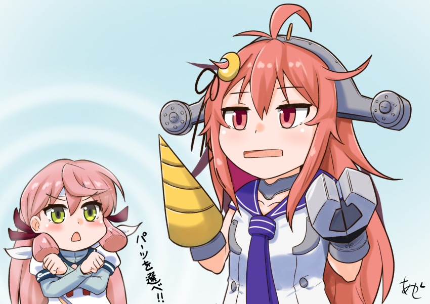 2girls akashi_(kancolle) akashieru blue_background blunt_tresses cosplay crescent crescent_hair_ornament crossed_arms dress drill green_eyes hair_ornament hair_ribbon headgear kantai_collection lexington_(kancolle) lexington_(kancolle)_(cosplay) long_hair mechanical_arms multiple_girls neckerchief one-hour_drawing_challenge orange_hair pink_hair purple_neckerchief purple_sailor_collar rectangular_mouth red_eyes ribbon sailor_collar sailor_dress school_uniform serafuku tress_ribbon uzuki_(kancolle)