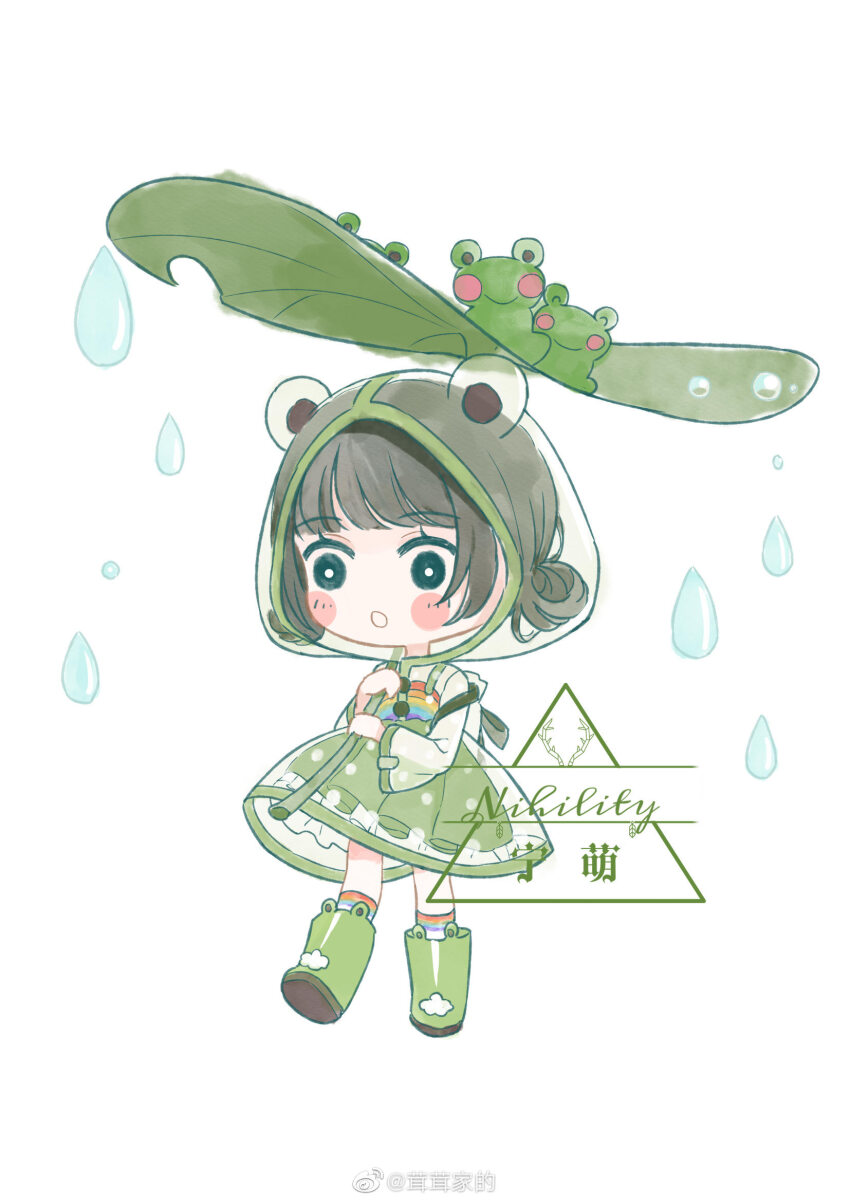1girl :o abu_cide animal_ear_footwear animal_hood ankle_socks artist_name backpack bag bag_bow black_bow black_eyes black_hair blunt_bangs blush_stickers boots bow bright_pupils carrying_over_shoulder chibi chinese_commentary commentary_request commission double_bun dress eyelashes frilled_skirt frills frog frog_hood frog_in_monsoon_(miracle_nikki) green_boots green_skirt hair_bun highres holding holding_plant hood hood_up hooded_dress improvised_umbrella miniskirt miracle_nikki multicolored_socks navel nikki_(series) open_mouth oversized_plant plant pleated_skirt polka_dot polka_dot_skirt rain rainbow_print rainbow_socks rubber_boots sample_watermark see-through_clothes see-through_dress see-through_hood shirt short_hair short_sleeves simple_background skirt socks solo surprised water_drop watermark weibo_watermark white_background white_bag white_pupils white_shirt wide-eyed