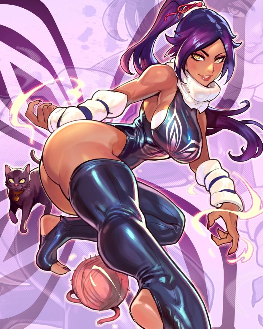 1girl ass black_leotard bleach breasts cat curvy dark-skinned_female dark_skin high_ponytail highleg highleg_leotard highres huge_ass large_breasts leotard looking_at_viewer ponytail reiq shihouin_yoruichi shiny_skin solo stirrup_legwear toeless_legwear