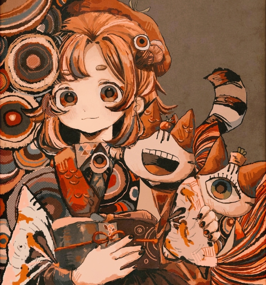 1girl :d beret black_nails book closed_mouth extra_eyes hat holding holding_book long_hair looking_at_viewer multicolored_hair open_mouth original parted_bangs pink_hair red_eyes red_hair red_hat red_theme smile solo streaked_hair surreal teeth upper_body wasabi_natsume