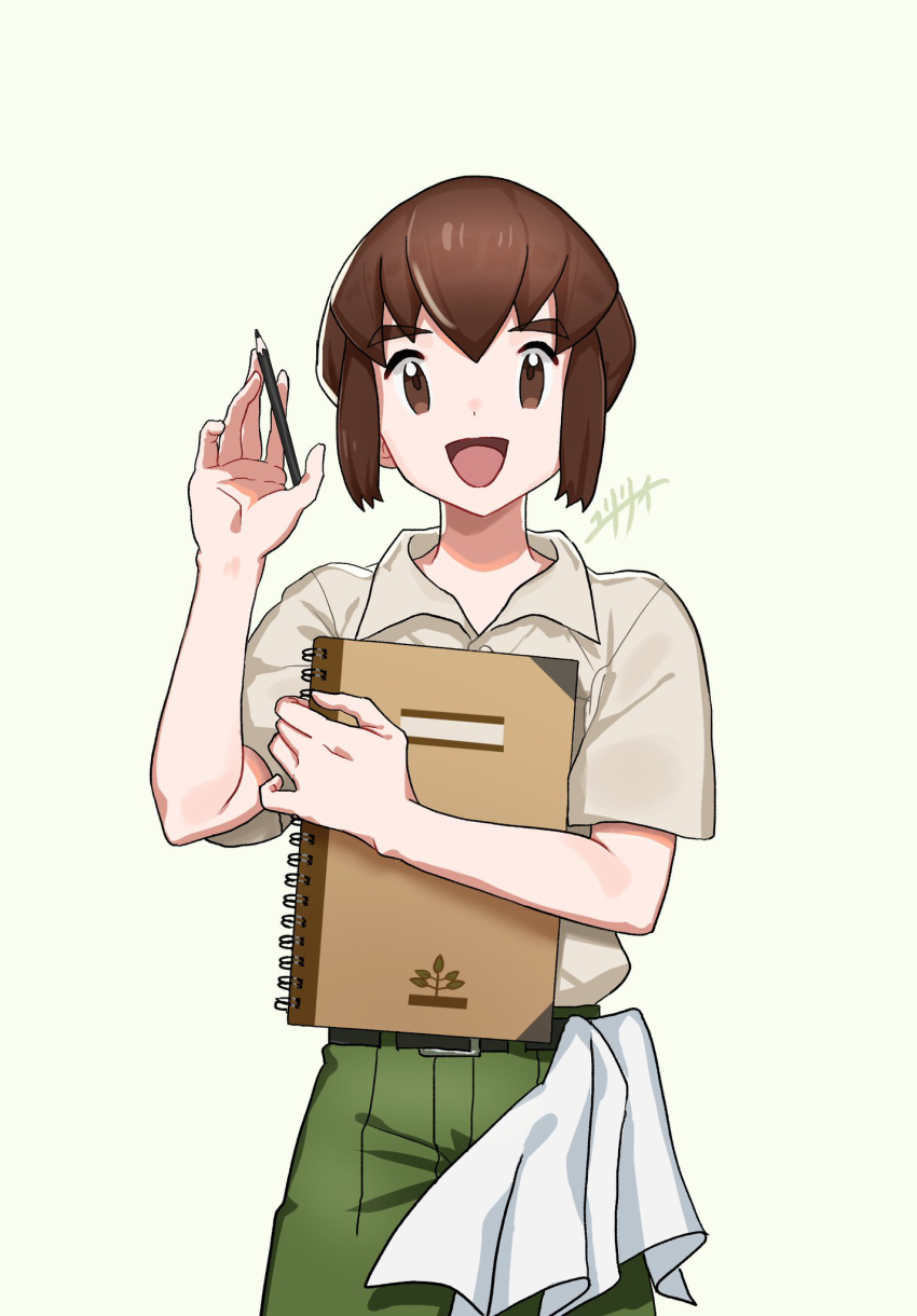 1boy :d belt brown_eyes brown_hair collared_shirt commentary_request green_pants happy highres holding holding_pencil holding_sketchbook looking_at_viewer male_focus nintendo open_mouth pants pencil pokemon pokemon_(anime) pokemon_(classic_anime) pokemon_4ever_-_celebi:_the_voice_of_the_forest professor_oak shirt short_hair short_sleeves signature simple_background sketchbook smile solo tongue yuri_1i1y