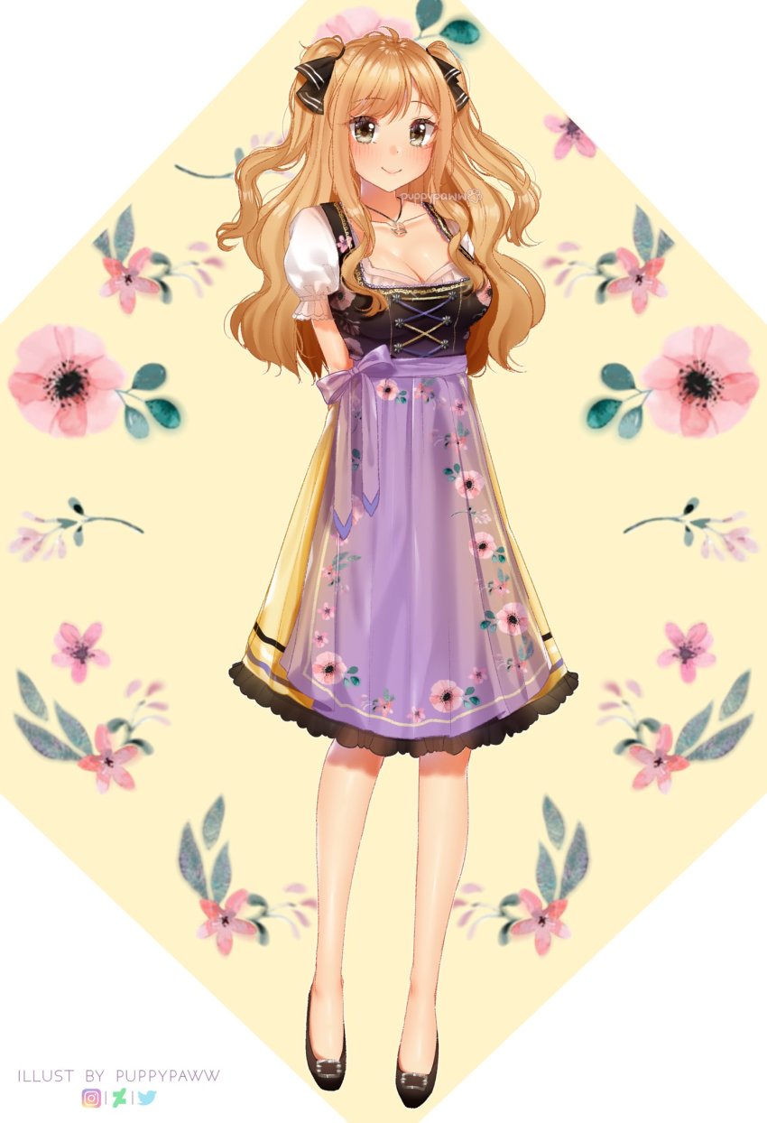 1girl ao_no_kanata_no_four_rhythm apron black_ribbon blonde_hair blush breasts brown_eyes commission deviantart_logo dirndl german_clothes hair_ornament highres instagram_logo jewelry large_breasts long_hair looking_at_viewer necklace puffy_sleeves puppypaww purple_apron ribbon satouin_reiko simple_background skirt smile solo star_(symbol) star_in_eye symbol_in_eye twitter_logo two_side_up yellow_skirt
