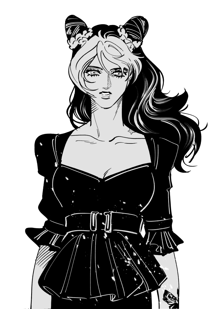 1girl absurdres arm_tattoo birthmark breasts cleavage collarbone commentary_request cone_hair_bun danggo99 double_bun greyscale hair_bun highres joestar_birthmark jojo_no_kimyou_na_bouken korean_commentary kuujou_jolyne long_hair medium_breasts monochrome multicolored_hair solo star_(symbol) stone_ocean tattoo two-tone_hair upper_body