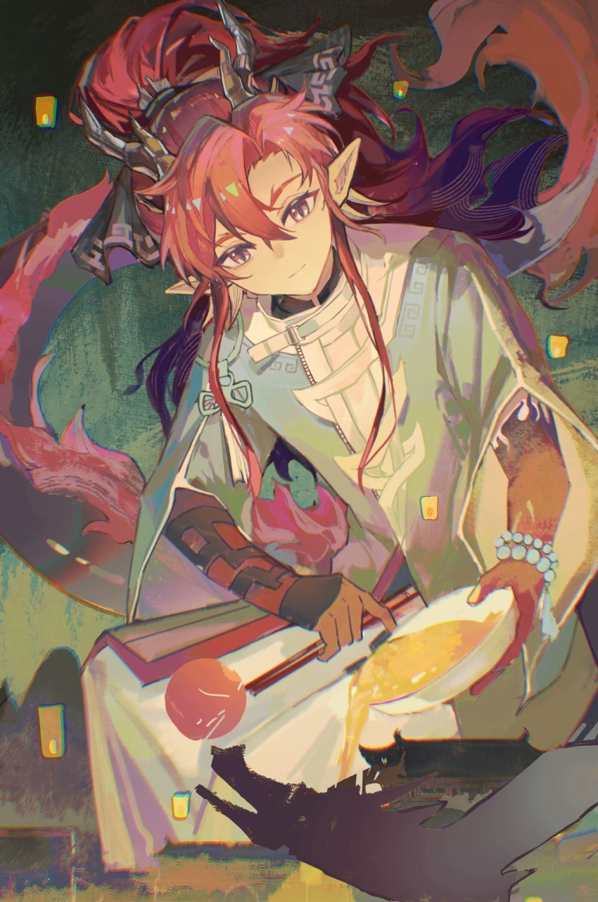 1boy absurdres arknights bead_bracelet beads bowl bracelet brown_hair closed_mouth colored_extremities dragon_horns earrings eastern_dragon_tail gradient_hair hair_between_eyes high_ponytail highres holding horns jewelry long_hair looking_at_viewer male_focus multicolored_hair pointy_ears ponytail purple_eyes purple_hair red_hair sitting solo viosuya yu_(arknights)