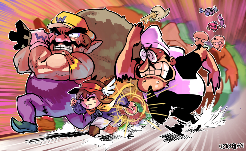 1girl 2boys a_hat_in_time afterimage bag brown_hair cape chef_hat clenched_teeth closed_eyes commentary crossover english_commentary facial_hair frown gloves hat hat_kid highres holding holding_bag kaibootsu keyzer mario_(series) motion_lines multiple_boys multiple_crossover mustache nintendo overalls peppino_spaghetti pizza_tower pointy_footwear purple_overalls running signature speed_lines sweat teeth thick_eyebrows toppins_(pizza_tower) visor_cap wario wario_land wario_land_4 white_gloves winged_hat yellow_cape