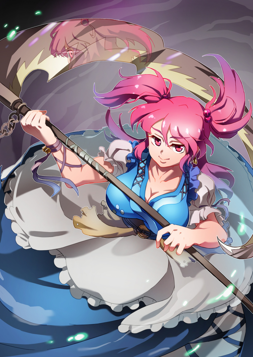 1girl black_background blue_dress breasts cleavage closed_mouth commentary_request dress hair_bobbles hair_ornament highres holding holding_scythe large_breasts onozuka_komachi red_eyes red_hair sash scythe short_sleeves smile solo touhou two_side_up xin_yu_hua_yin