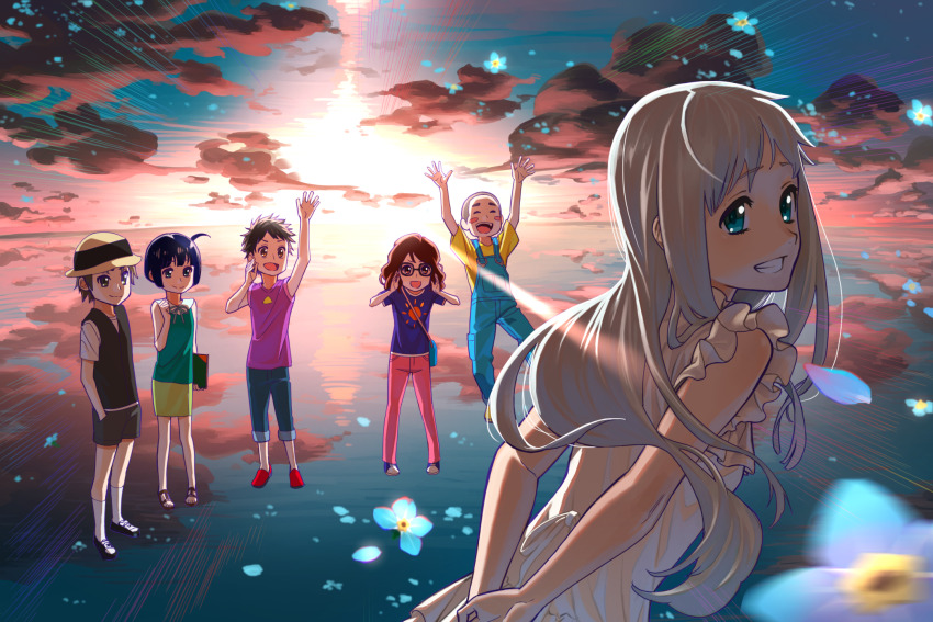 3boys 3girls aged_down anjou_naruko ano_hi_mita_hana_no_namae_wo_bokutachi_wa_mada_shiranai. blue_eyes blue_flower commentary_request dress flower glasses grey_hair highres hisakawa_tetsudou honma_meiko horizon long_hair looking_at_viewer matsu_bokkuri matsuyuki_atsumu multiple_boys multiple_girls sky smile sunlight tsurumi_chiriko white_dress yadomi_jinta